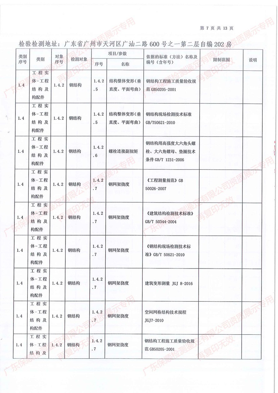 保順檢測鑒定CMA計量認證證書附表